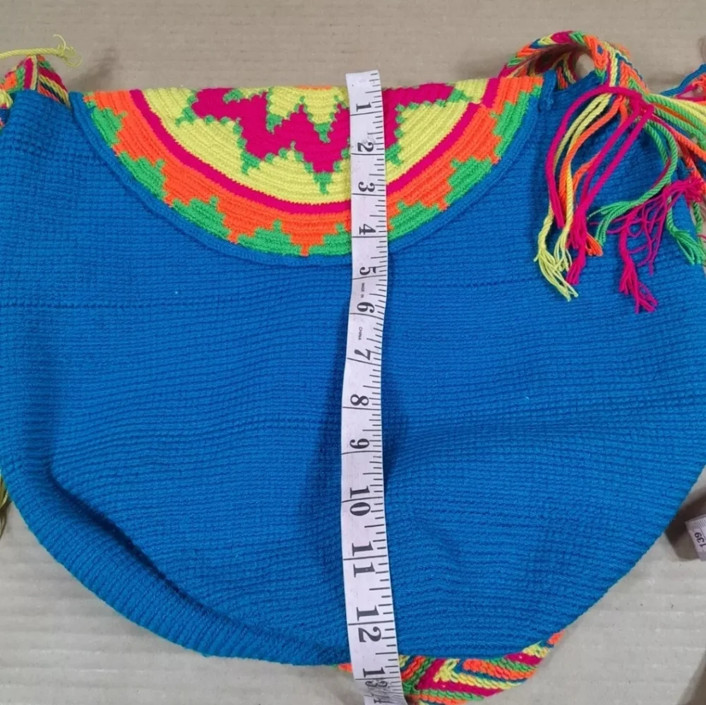 Wayuu Mochila Colombian Bag Turquoise‎ Large  Flap Cover Pompoms Authentic - Picture 8 of 8